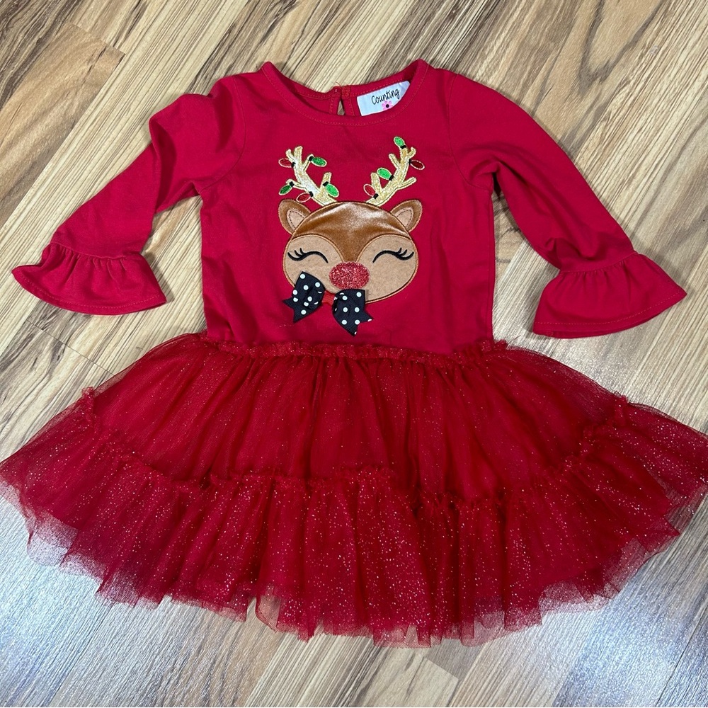 Counting Daisies Girls Size 5 Long Sleeve Red Dress Reindeer Top with Frills